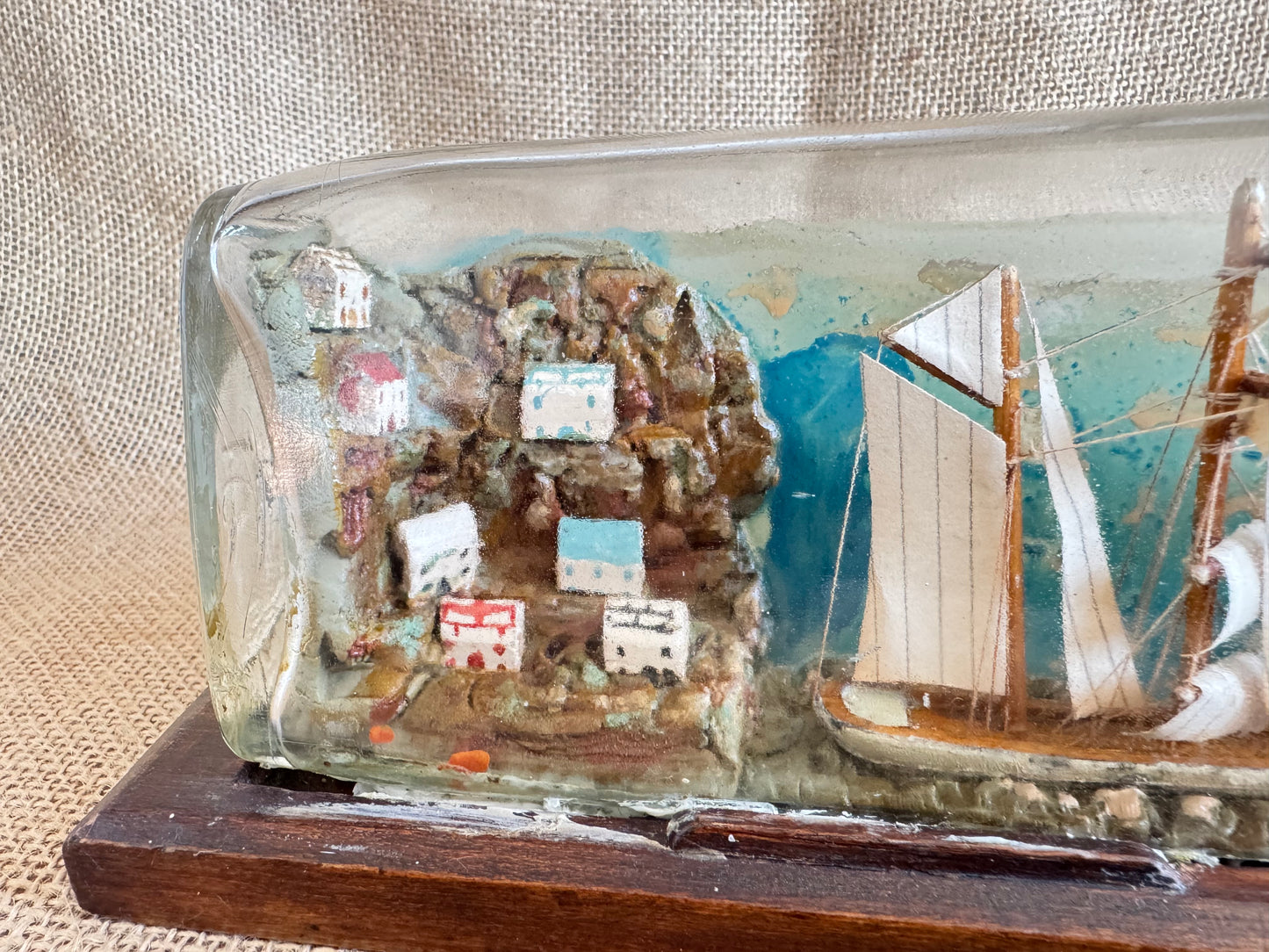 Vintage Ship In A Bottle with Village Diorama