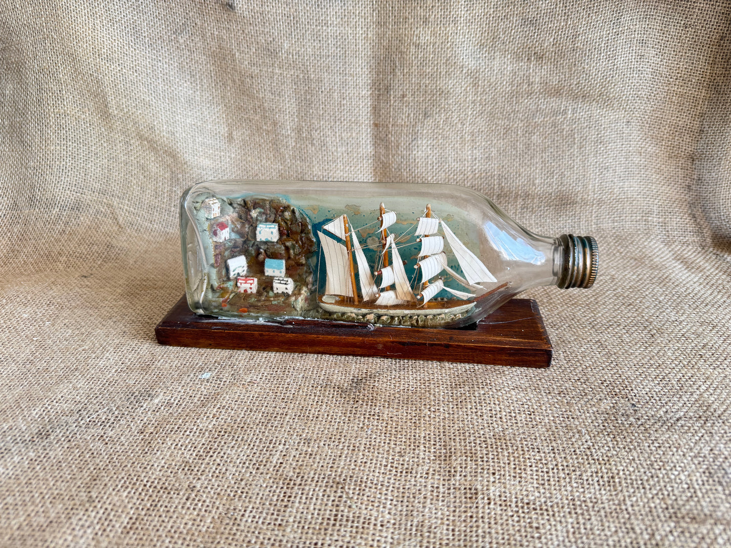 Vintage Ship In A Bottle with Village Diorama