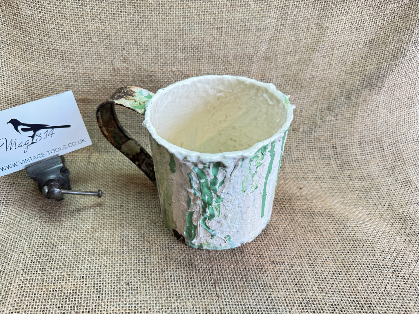 Vintage metal Jug with spilled paint, vase, paint brush stand etc
