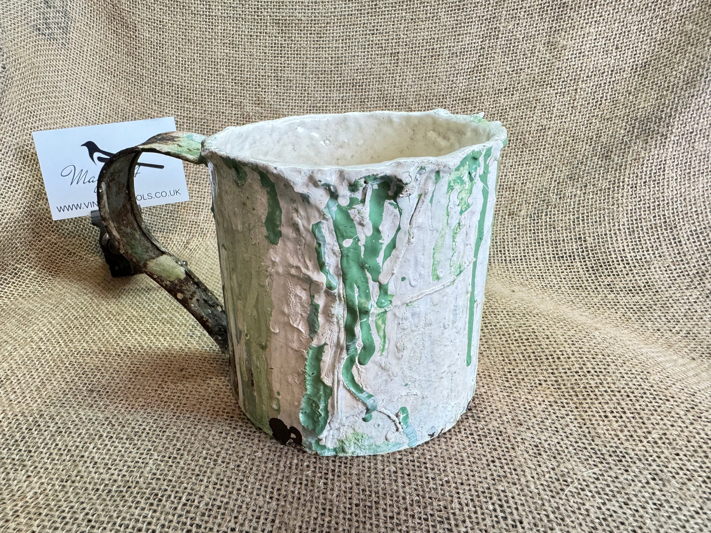 Vintage metal Jug with spilled paint, vase, paint brush stand etc