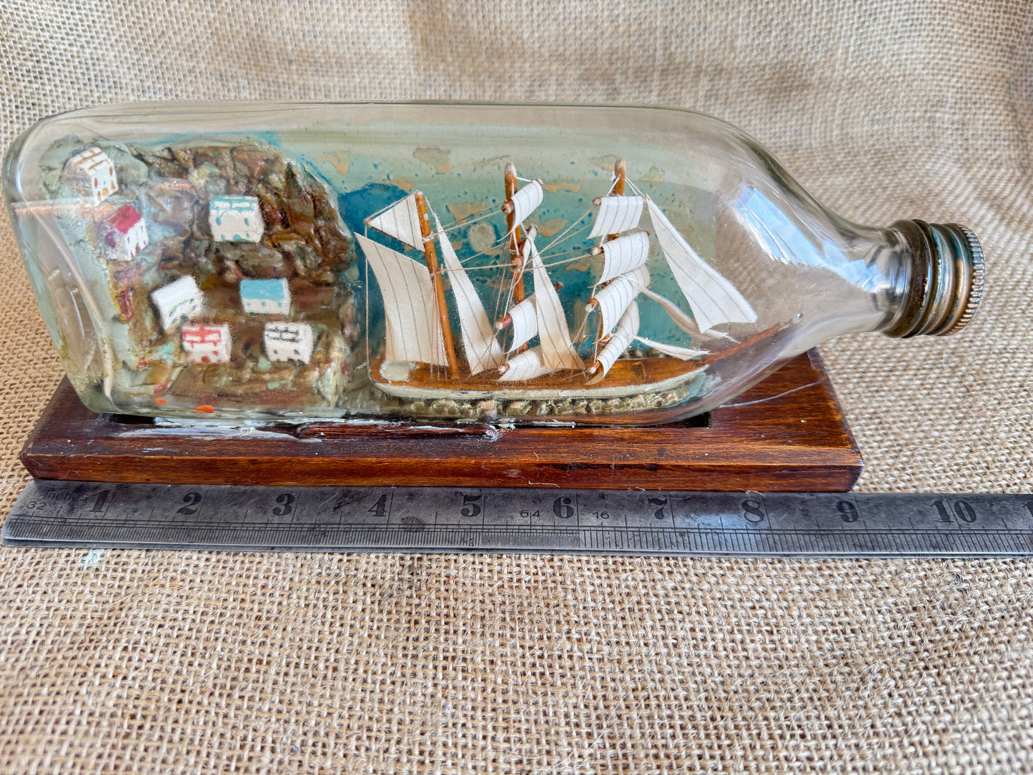 Vintage Ship In A Bottle with Village Diorama