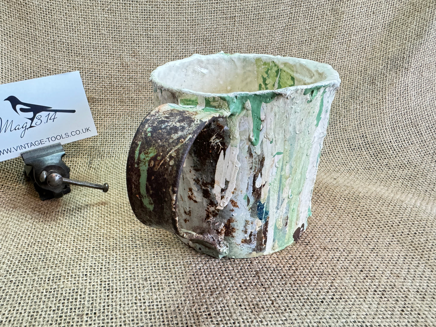 Vintage metal Jug with spilled paint, vase, paint brush stand etc