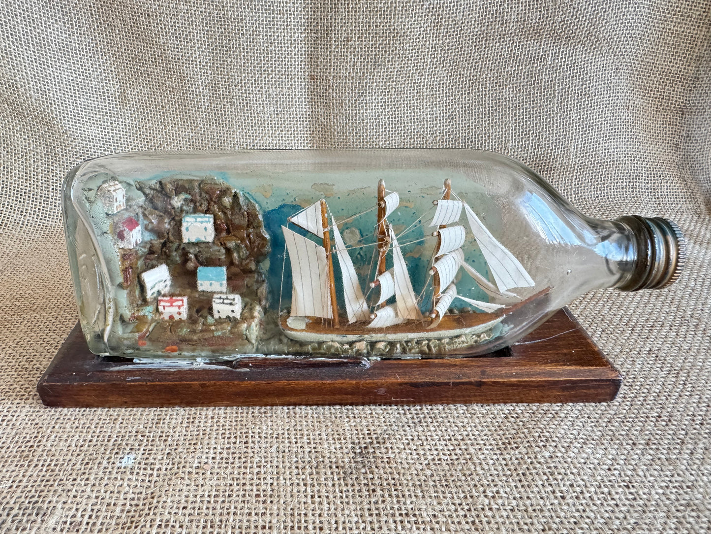 Vintage Ship In A Bottle with Village Diorama