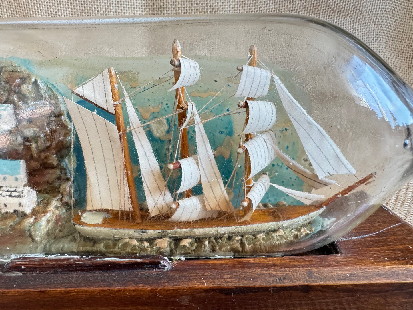 Vintage Ship In A Bottle with Village Diorama