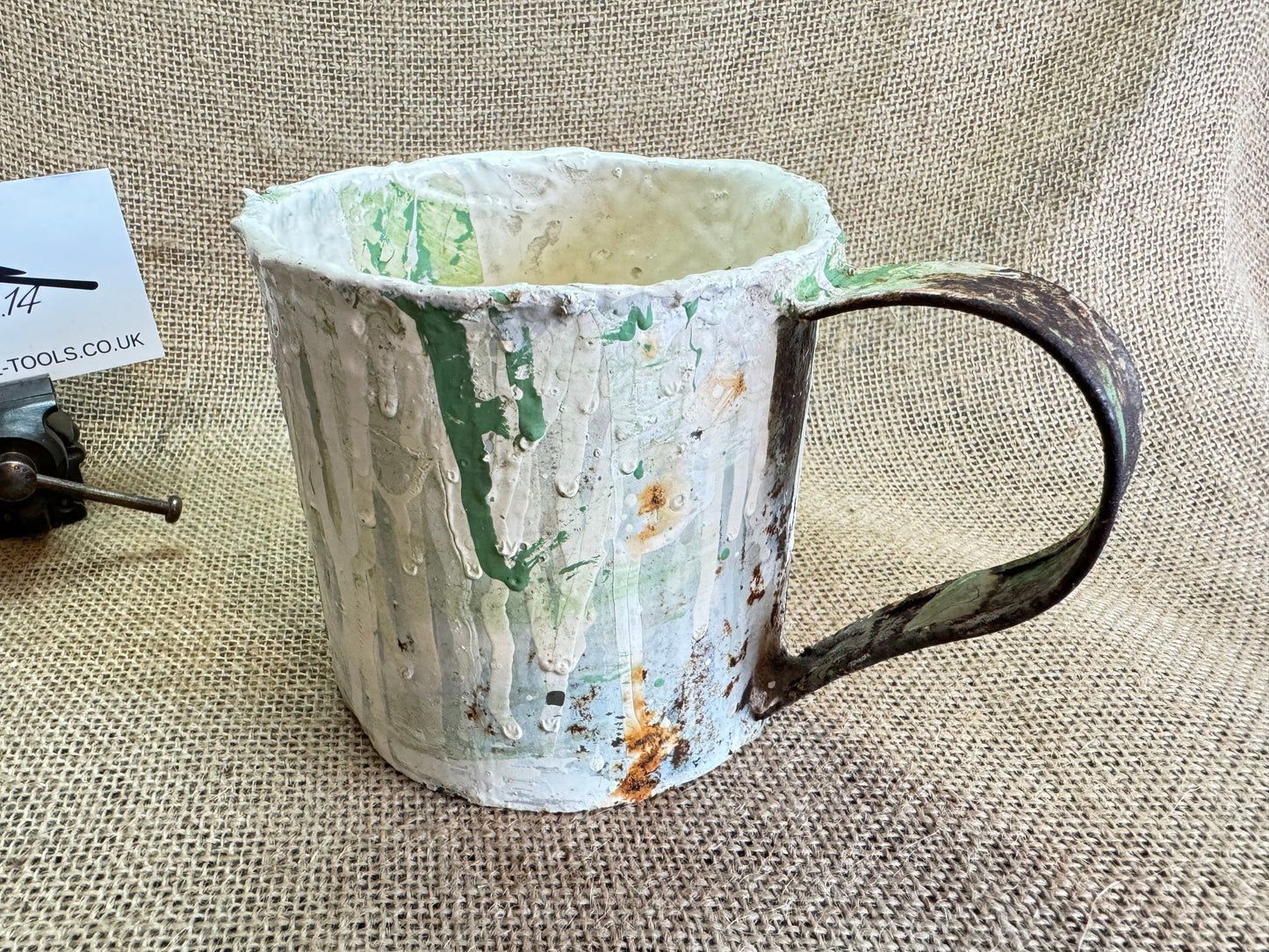 Vintage metal Jug with spilled paint, vase, paint brush stand etc