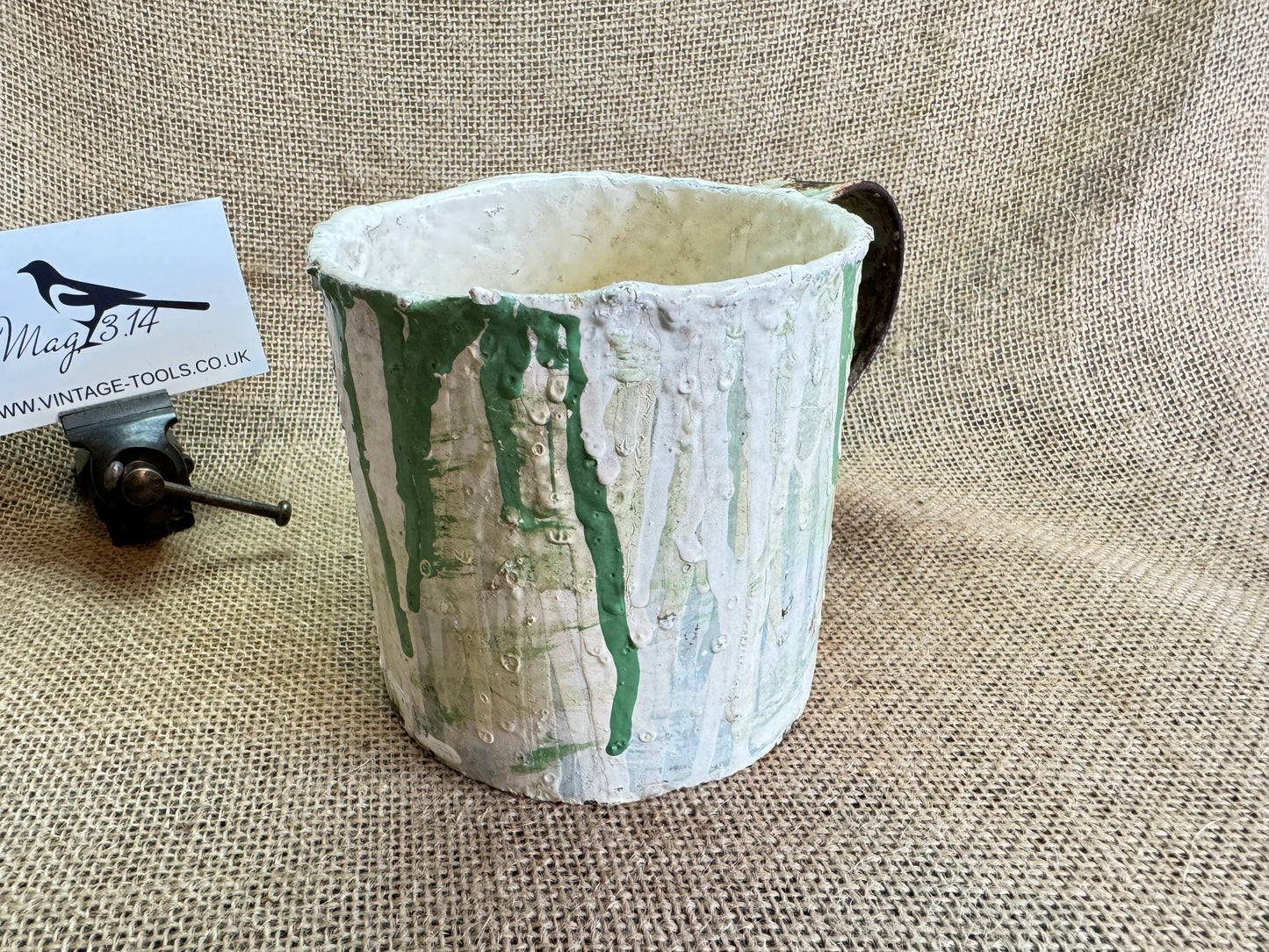 Vintage metal Jug with spilled paint, vase, paint brush stand etc