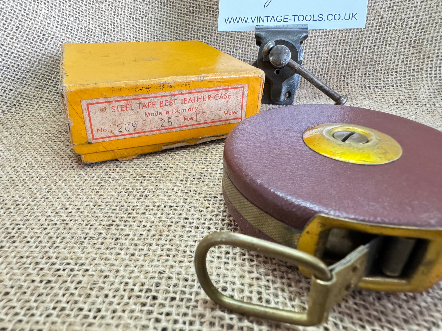 Vintage Foreign Tools No 209 25ft Steel Tape Measure with original box.