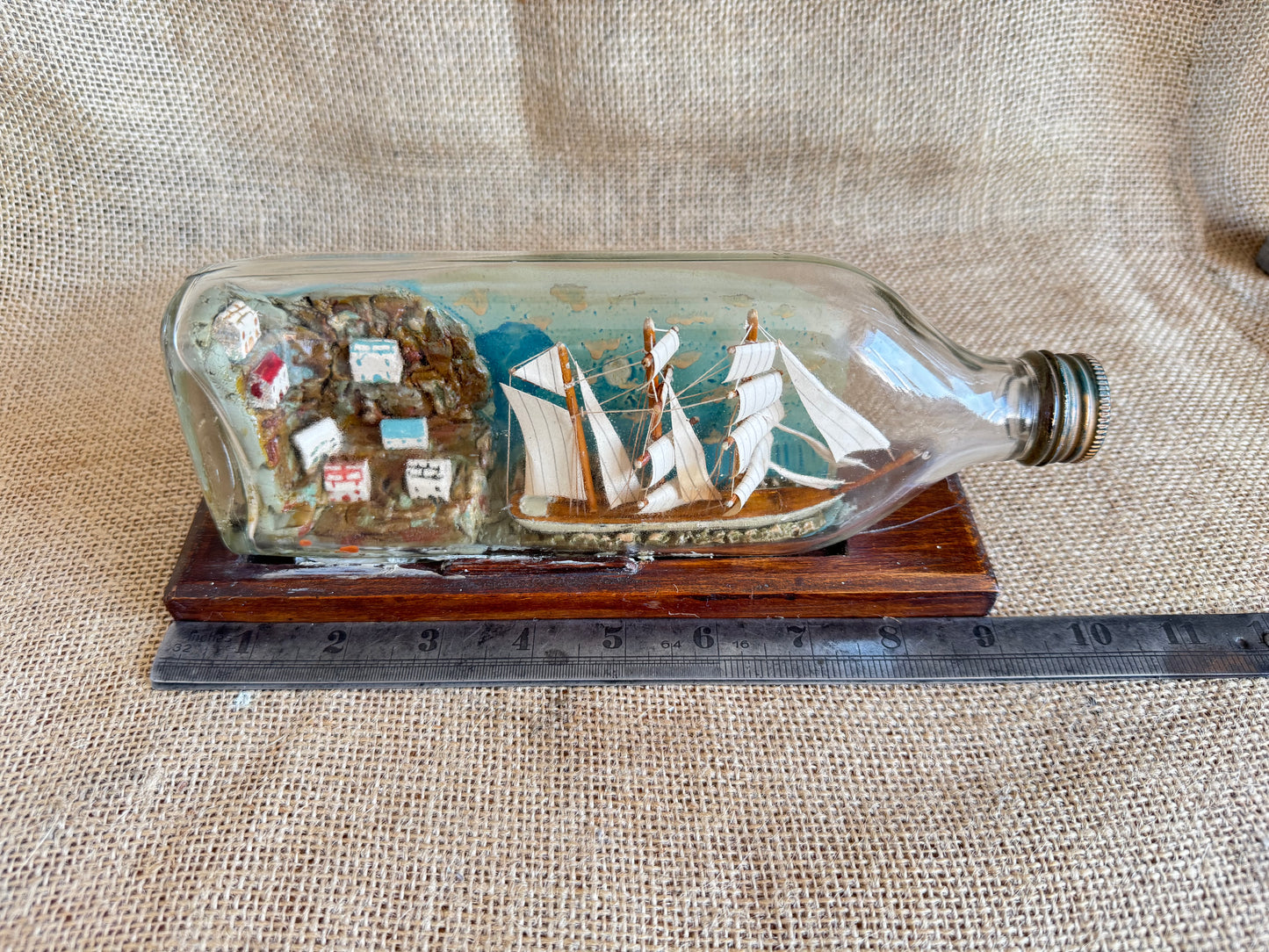 Vintage Ship In A Bottle with Village Diorama