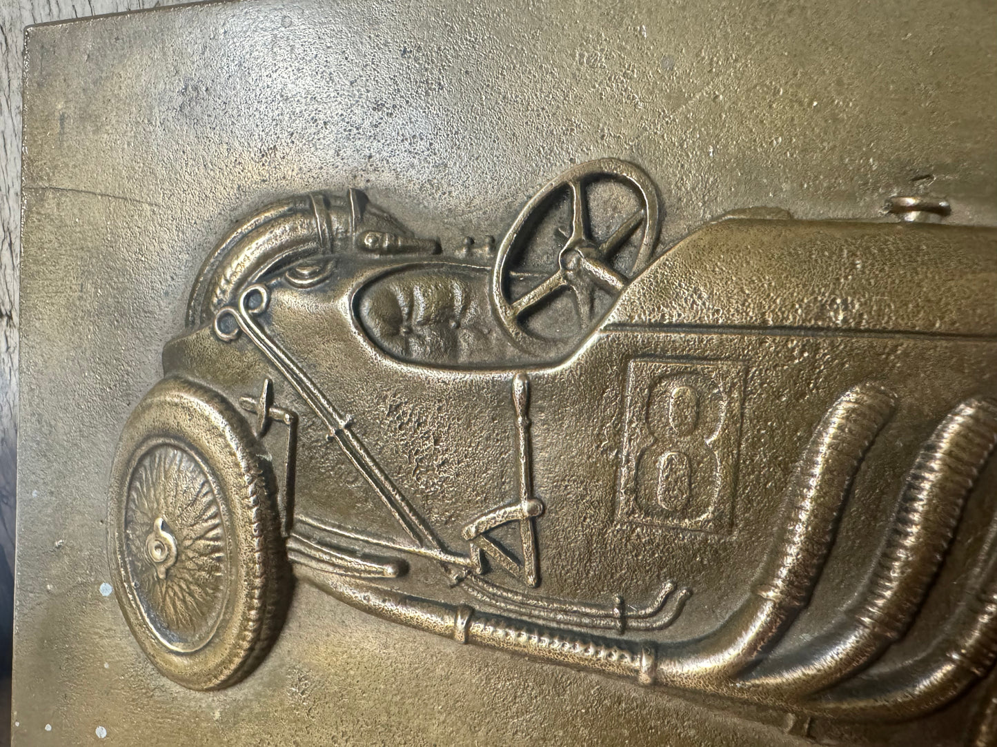 Solid Brass Embossed Wall Plaque Featuring a Mercedes SSK Race Car No 8