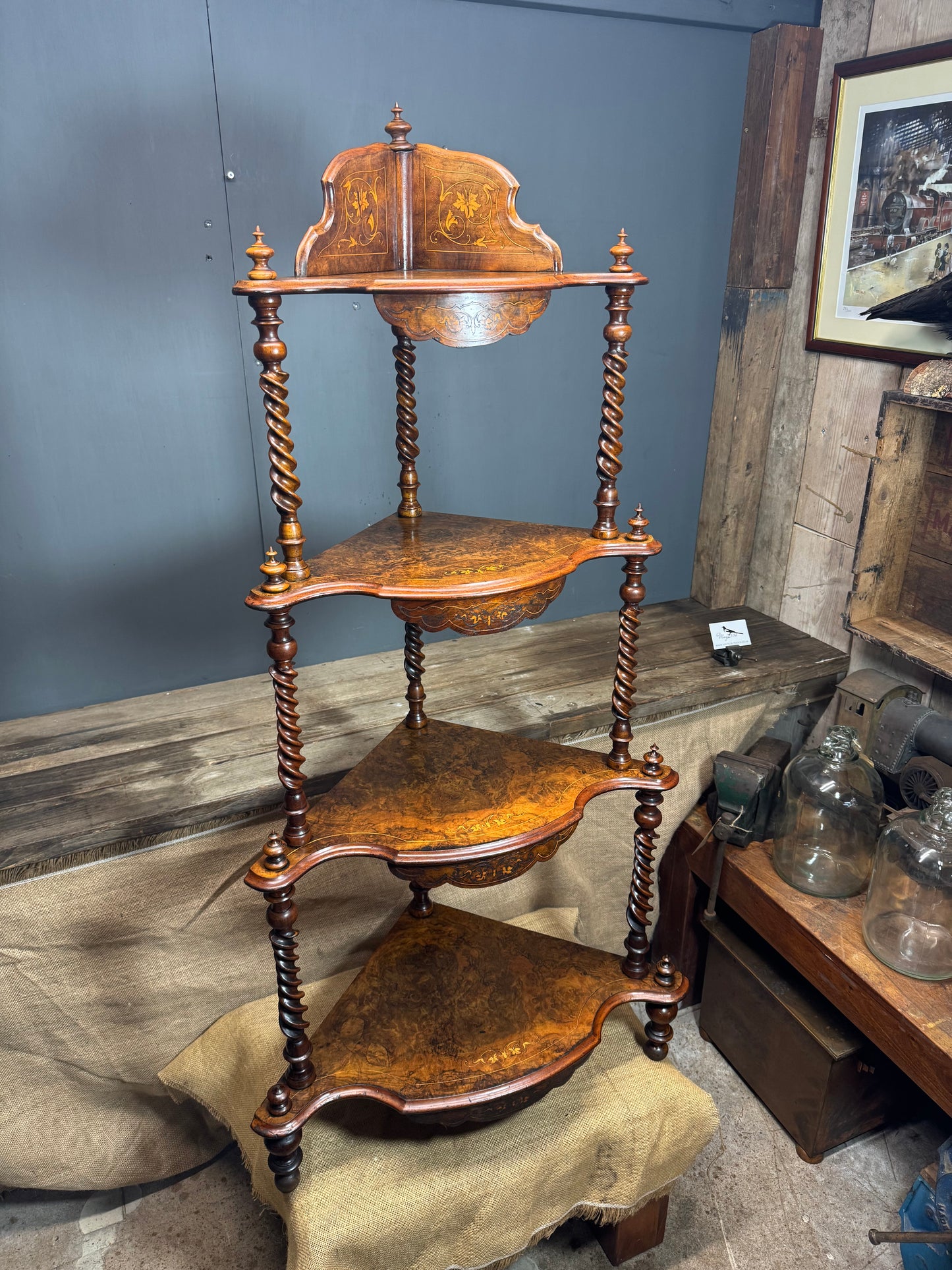 Victorian 4 Tier Walnut Inlay and Barley Twist Corner Whatnot
