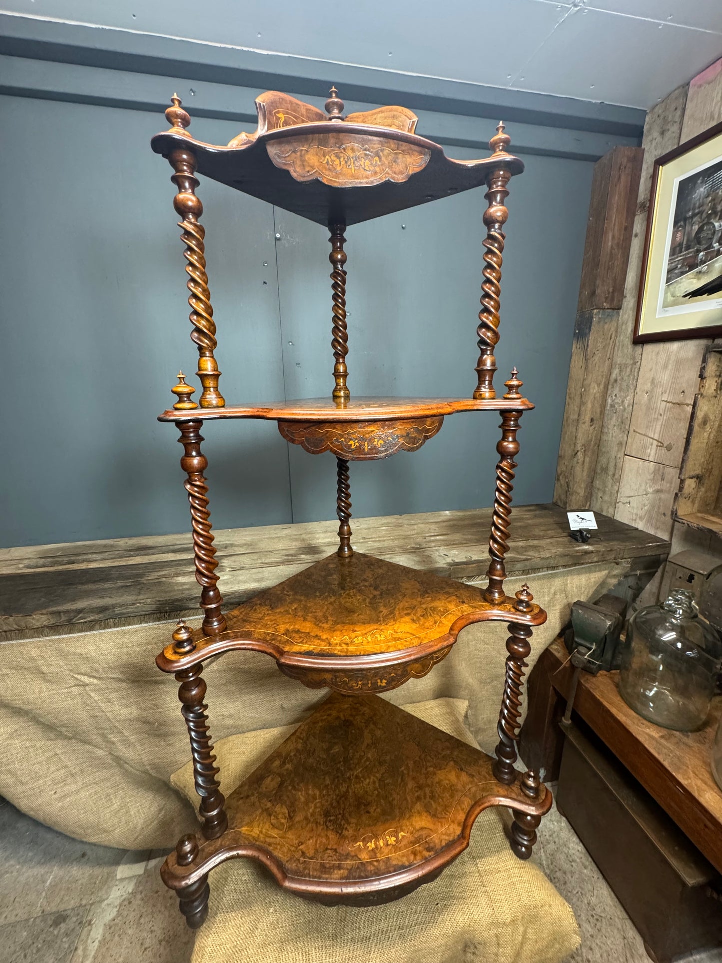 Victorian 4 Tier Walnut Inlay and Barley Twist Corner Whatnot