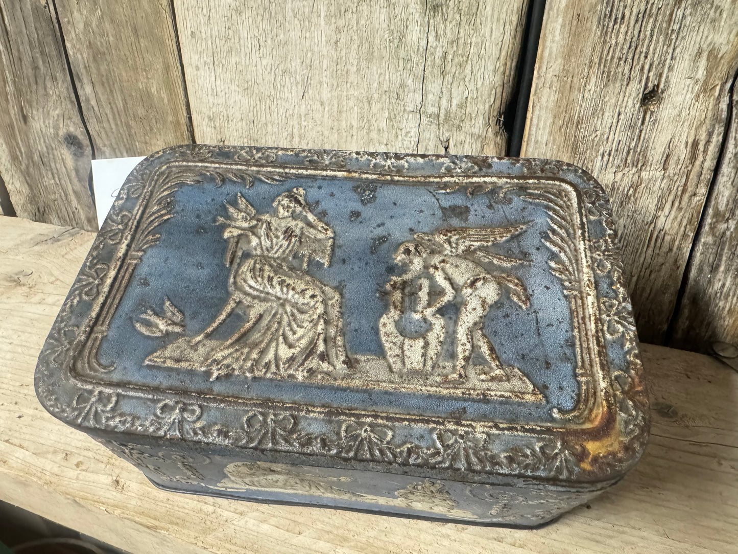 Vintage Coffee Tin with Roman Embossed Procne & Cupid Motiffs