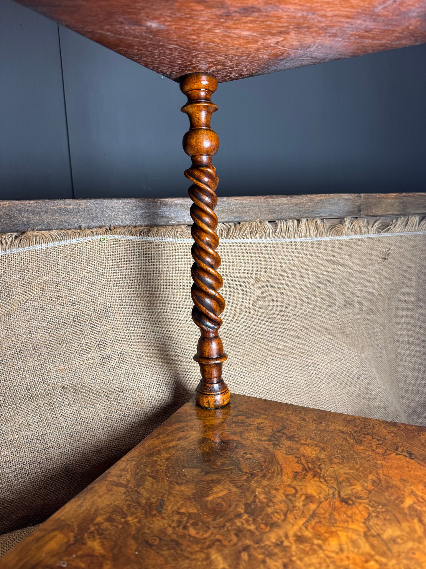 Victorian 4 Tier Walnut Inlay and Barley Twist Corner Whatnot