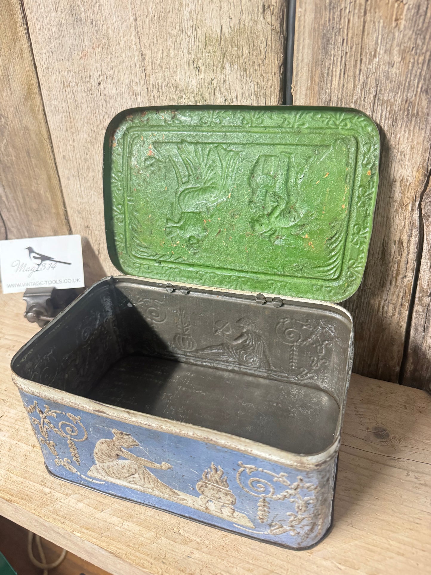 Vintage Coffee Tin with Roman Embossed Procne & Cupid Motiffs