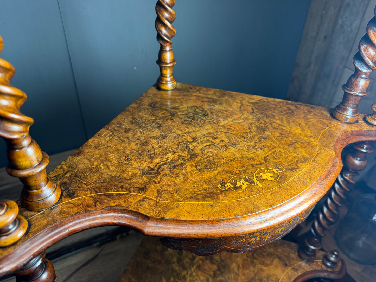 Victorian 4 Tier Walnut Inlay and Barley Twist Corner Whatnot
