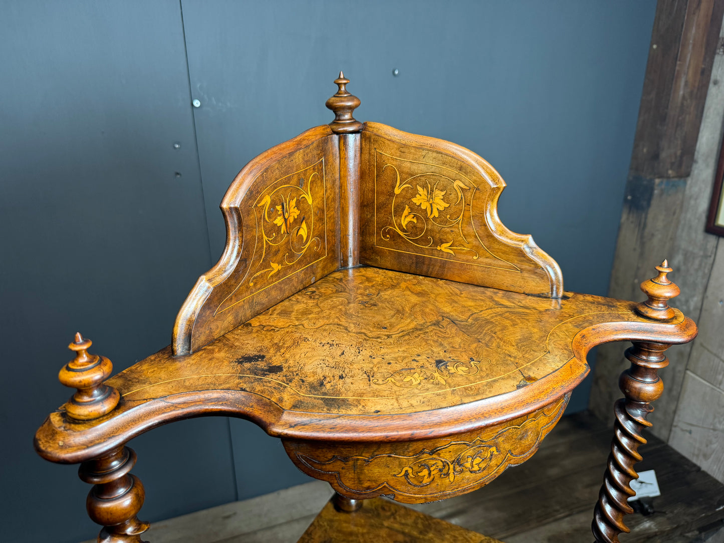 Victorian 4 Tier Walnut Inlay and Barley Twist Corner Whatnot