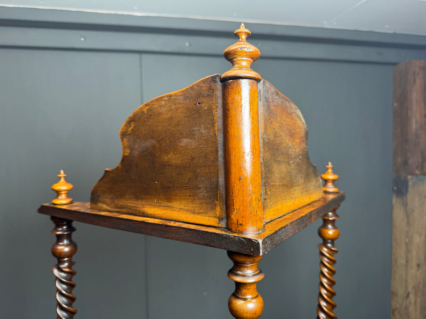 Victorian 4 Tier Walnut Inlay and Barley Twist Corner Whatnot