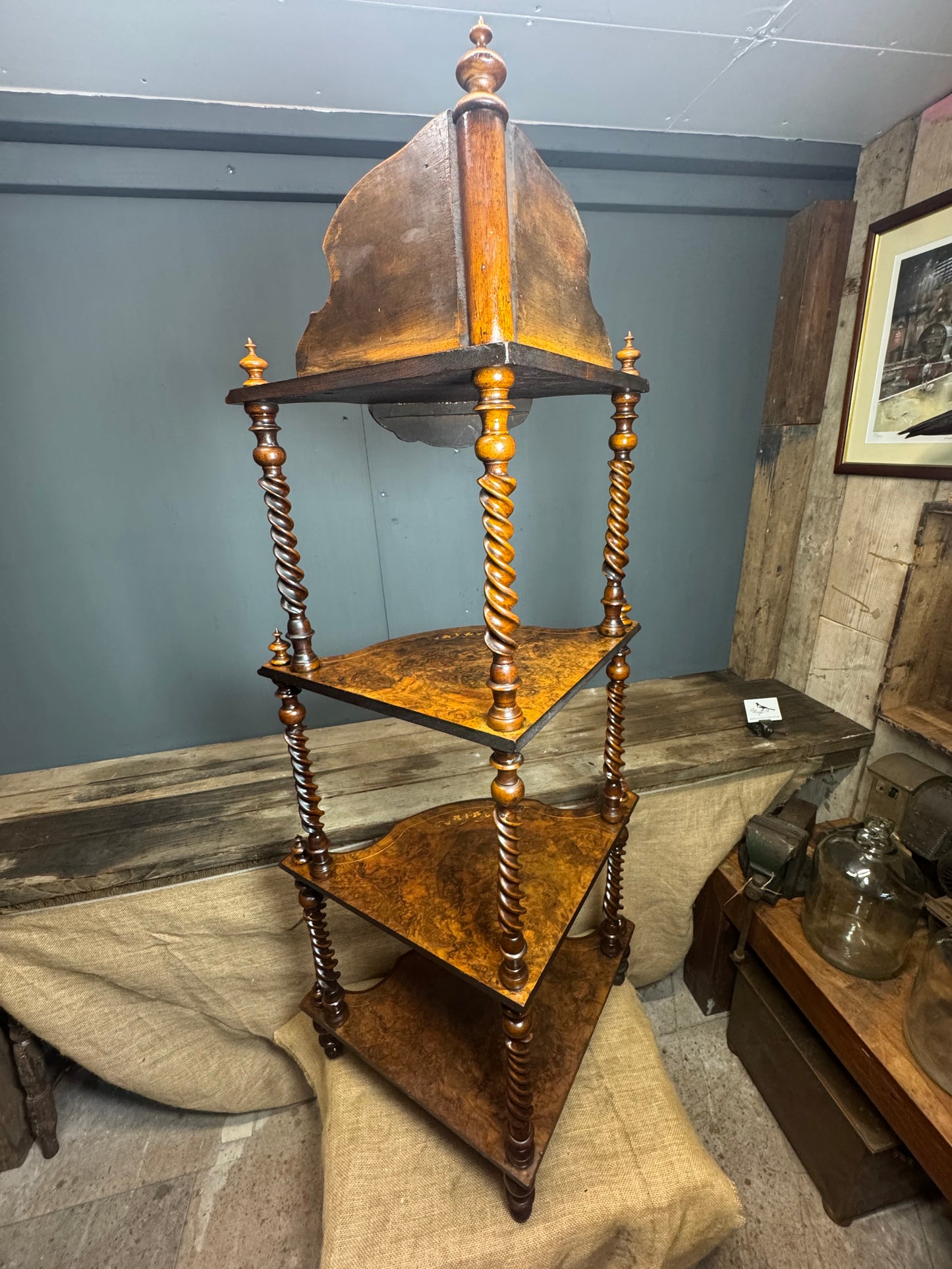 Victorian 4 Tier Walnut Inlay and Barley Twist Corner Whatnot