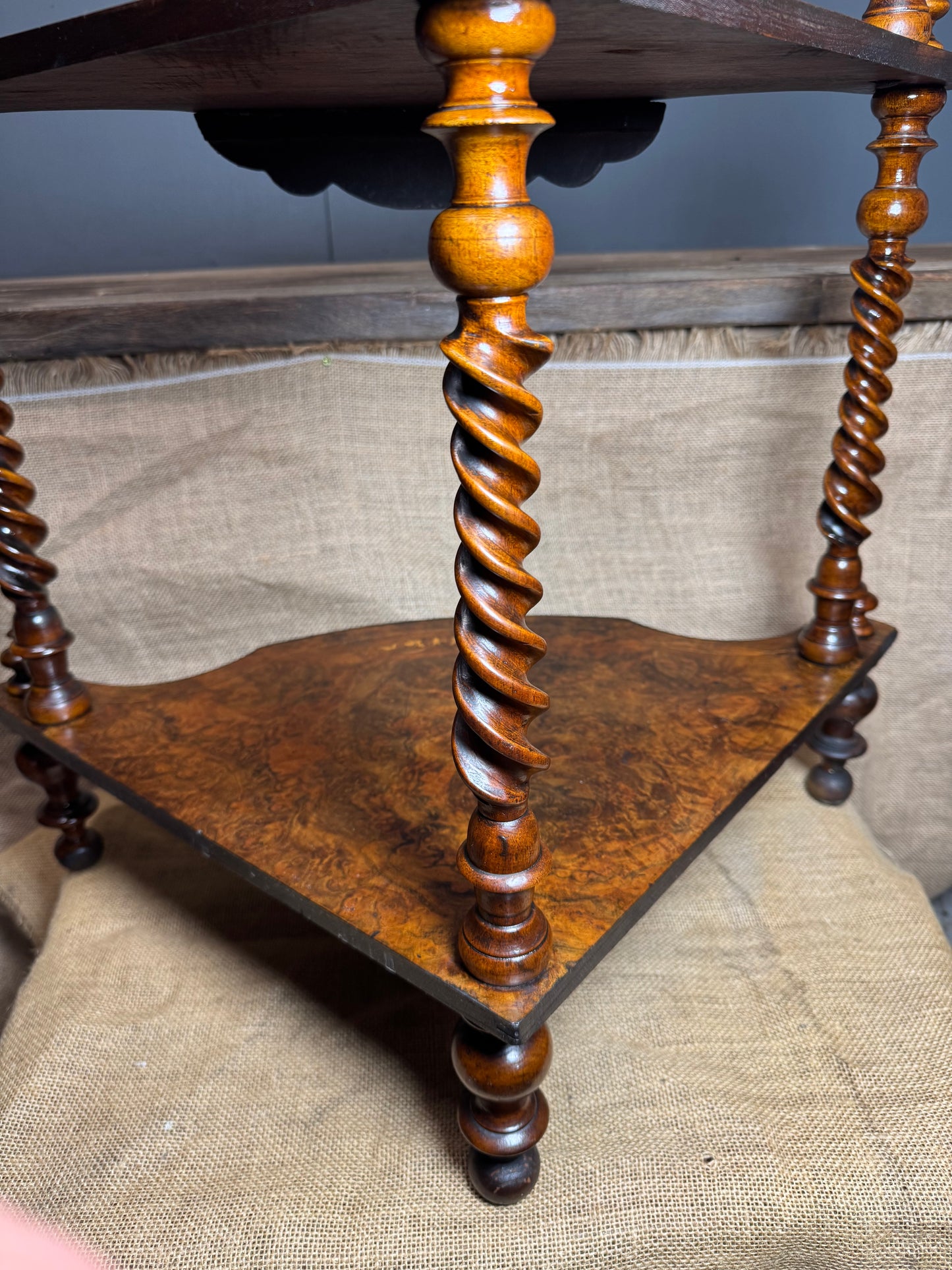 Victorian 4 Tier Walnut Inlay and Barley Twist Corner Whatnot