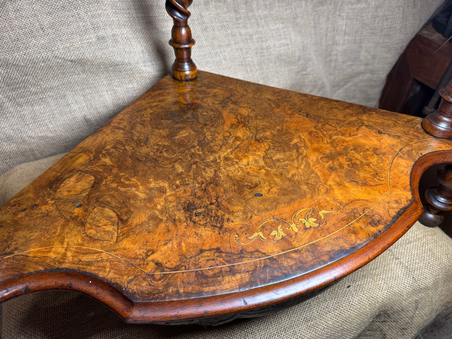 Victorian 4 Tier Walnut Inlay and Barley Twist Corner Whatnot