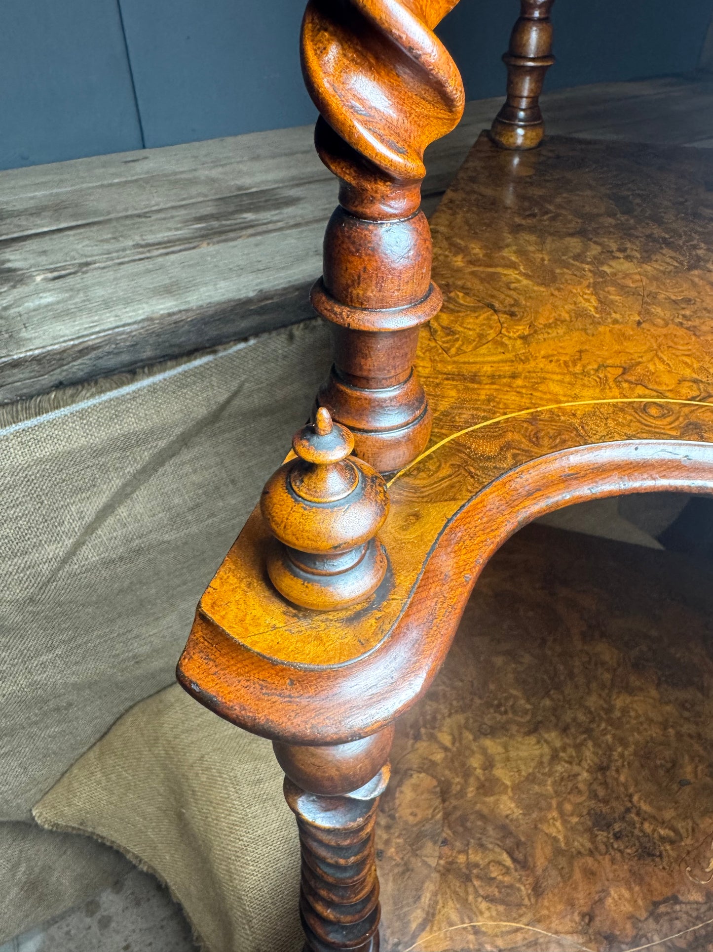 Victorian 4 Tier Walnut Inlay and Barley Twist Corner Whatnot