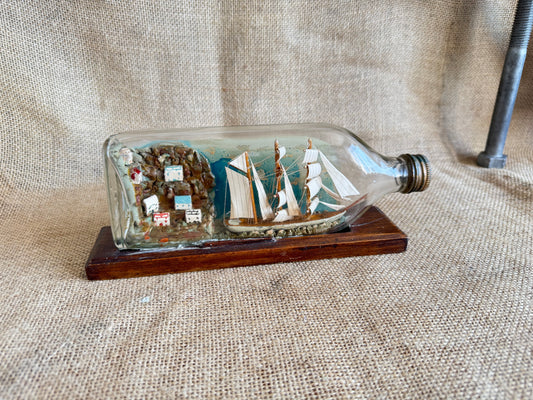 Vintage Ship In A Bottle with Village Diorama