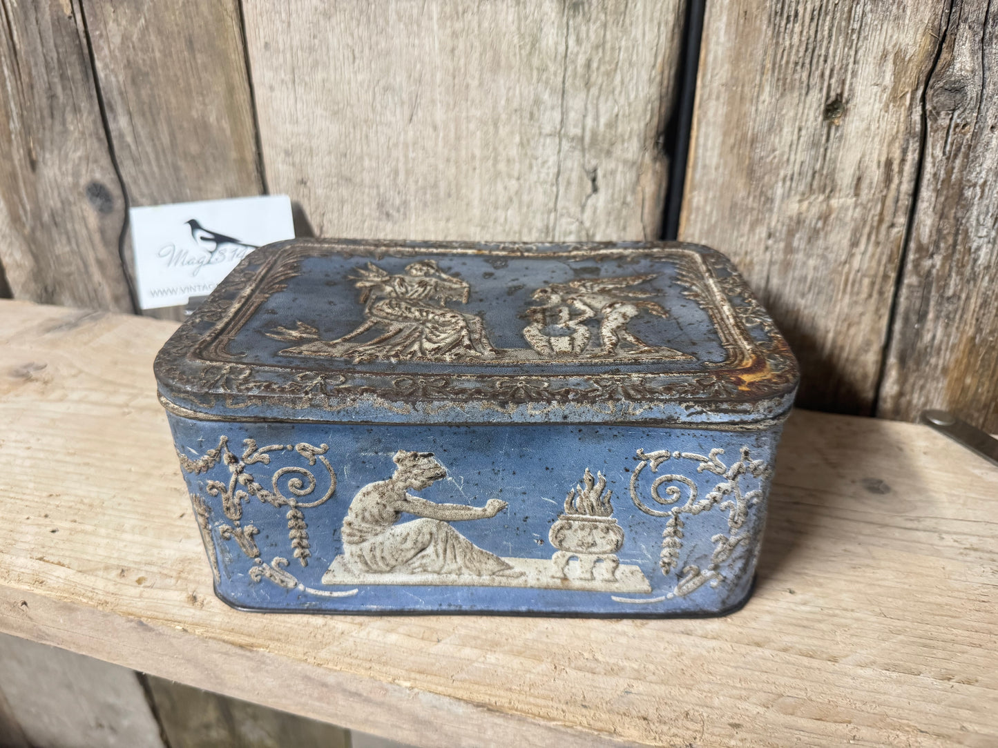 Vintage Coffee Tin with Roman Embossed Procne & Cupid Motiffs